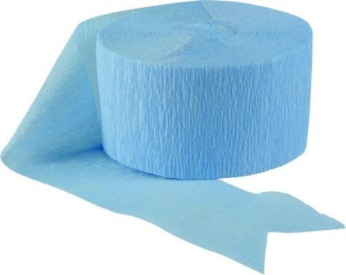Baby blue crepe streamers, 80 feet long, perfect for decorating parties and events.