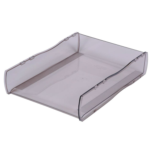 Sleek smoke document tray for organizing papers, measuring 355 x 261 x 75mm, perfect for any workspace.