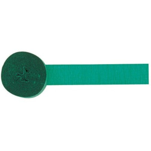 Festive green crepe streamers, over 80 feet long, ideal for parties and celebrations.
