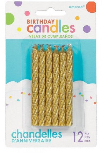 Pack of 12 large gold glitter spiral birthday candles, each 8cm tall, perfect for festive cake decorations.