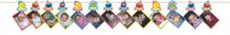 Vibrant Elmo-themed photo garland, 12 feet long with 13 holders for displaying cherished first birthday memories.