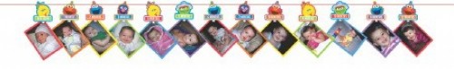 Vibrant Elmo-themed photo garland, 12 feet long with 13 holders for displaying cherished first birthday memories.