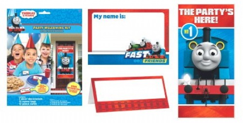 Welcome Kit featuring Thomas the Tank Engine includes door decoration, name tags, and place cards for themed parties.