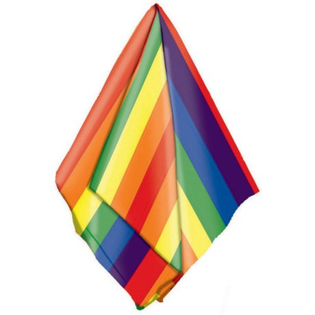 Colorful rainbow bandana measuring 20" x 20" made of 100% polyester for adult novelty use.
