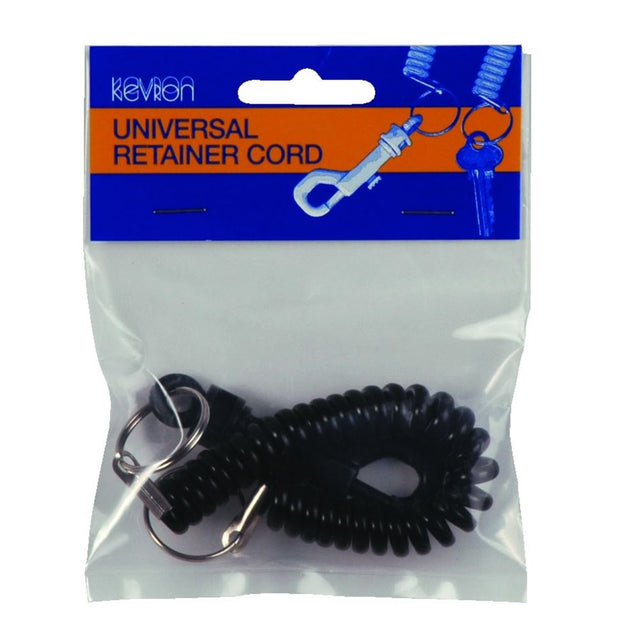 Durable black coil retainer cord with hook, ideal for organizing keys and passes, expands up to 240mm.