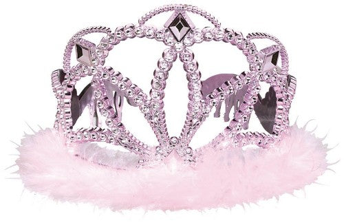 Iridescent pink tiara with marabou feathers, perfect for adding glamour to any outfit or special occasion.