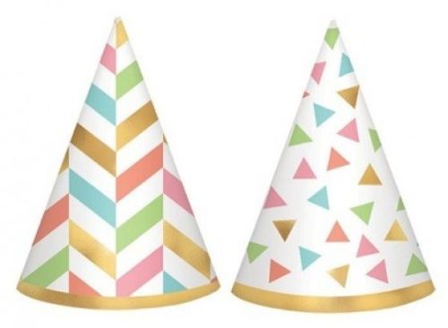 Colorful confetti mini cone hats with foil accents, perfect for festive celebrations and parties, pack of 12, 4 inches each.