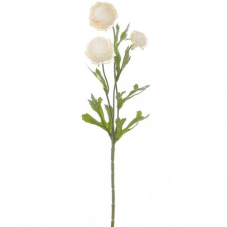 Lifelike peach ranunculus spray with 3 ruffled blooms and green foliage, 42cm high, perfect for elegant decor.