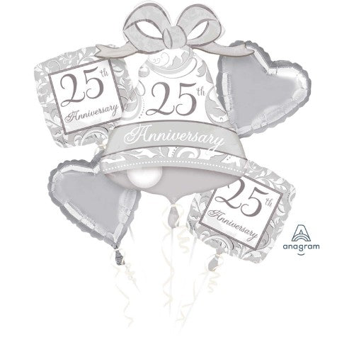Silver scroll balloons for 25th anniversary, pack of 5, includes 1 unique shape and 4 standard balloons.