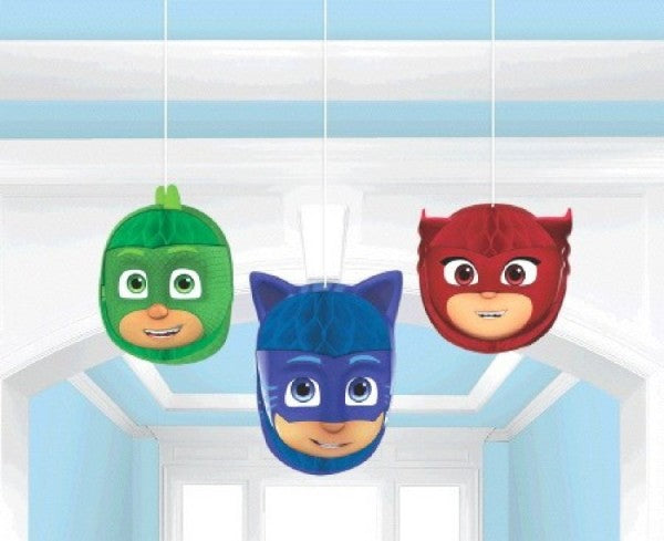 Colorful PJ Masks honeycomb decorations in a pack of 3, perfect for kids' parties and themed celebrations.