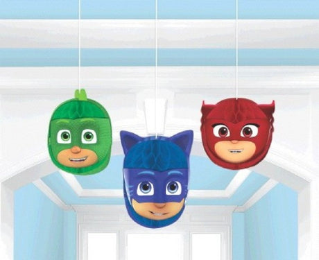 Colorful PJ Masks honeycomb decorations in a pack of 3, perfect for kids' parties and themed celebrations.