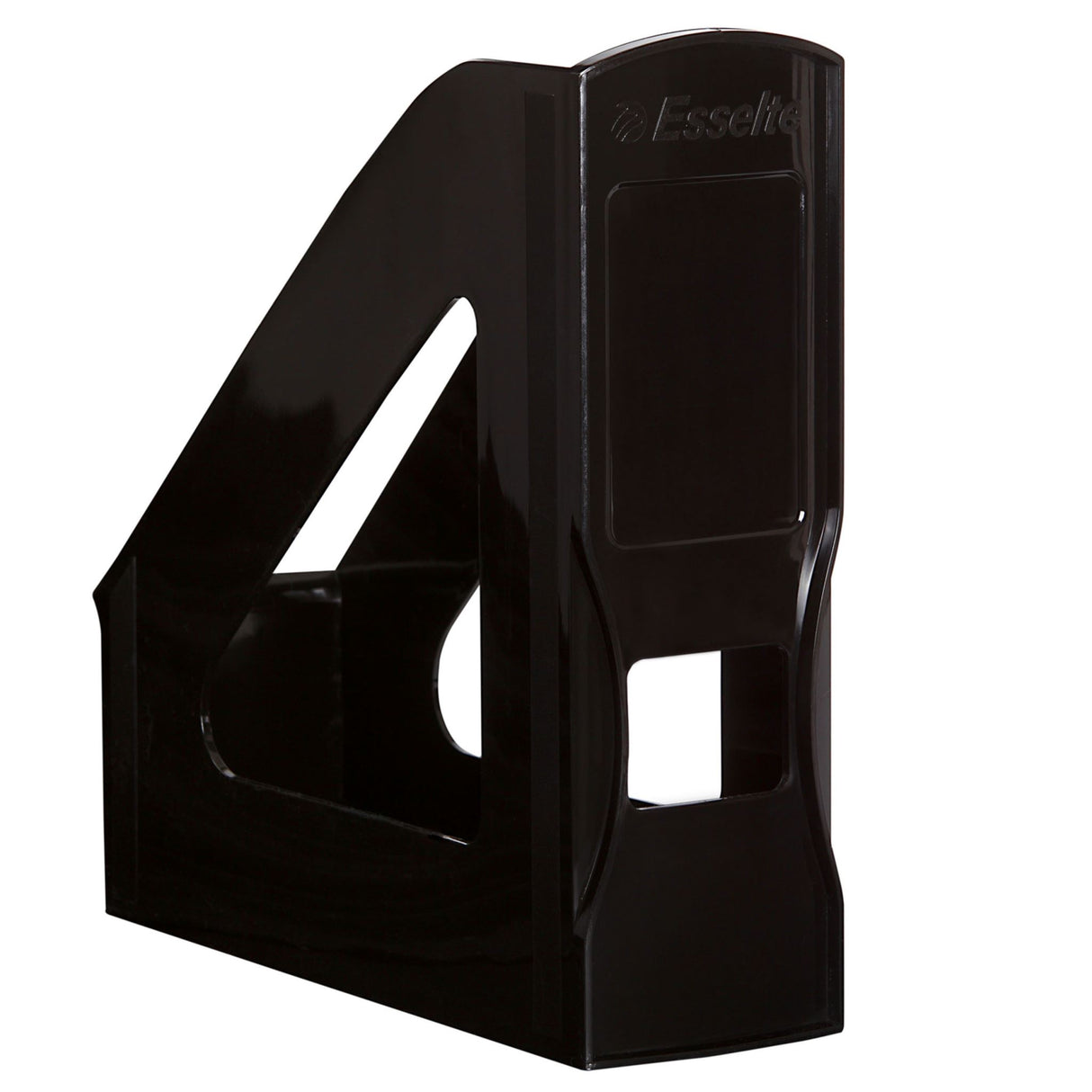 Sleek black Esselte Nouveau Magazine File for organizing books and documents, perfect for home or office decor.