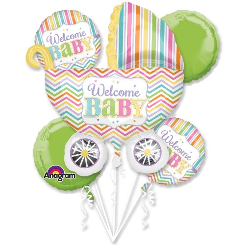 Vibrant pack of 5 foil balloons in playful designs, perfect for baby showers and birthday parties.