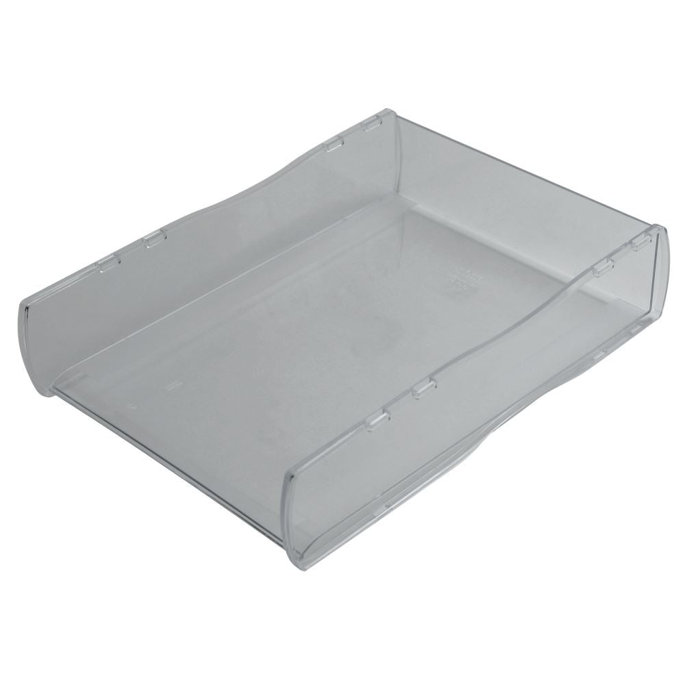 Clear Esselte Nouveau Document Tray for organizing letters and files, measuring 355 x 261 x 75mm, stackable and stylish.