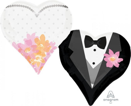 Extra-large foil balloon featuring a bride and groom design with hearts, perfect for weddings and romantic celebrations.