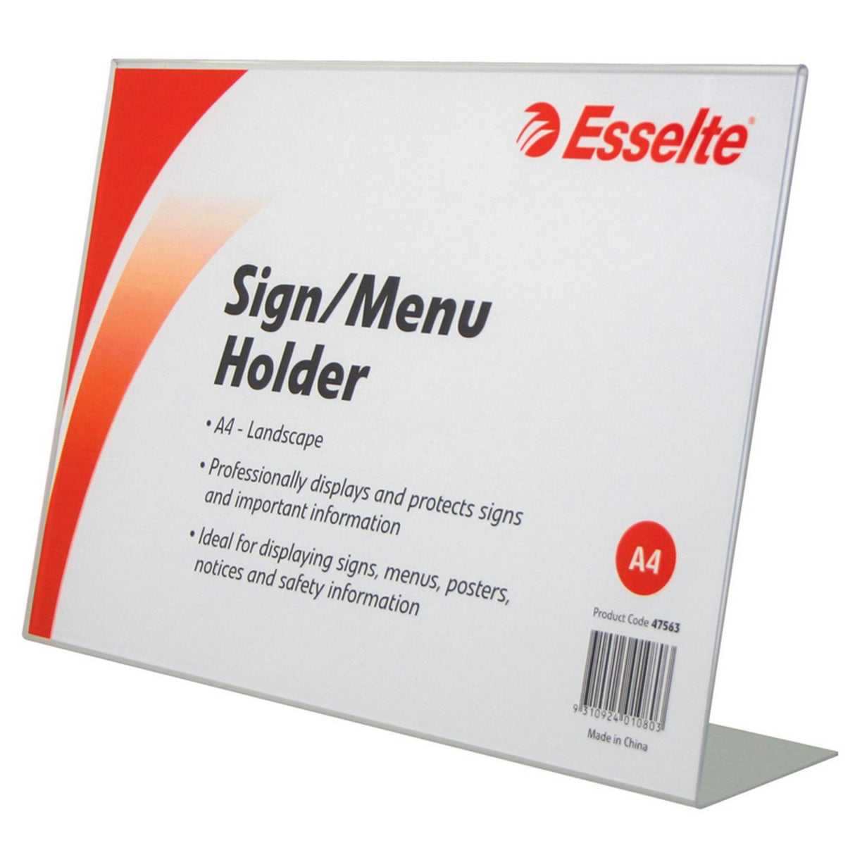 Clear slanted A4 sign holder for displaying menus, photos, and information in portrait or landscape orientation.