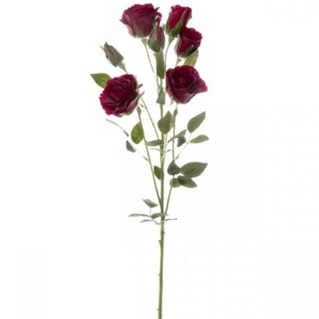 Lifelike blood red rose spray with three rose heads and two buds, 69cm tall, perfect for elegant floral arrangements.