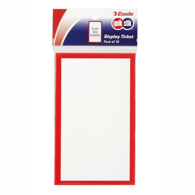 Quikstik Display Tickets with plain red border, pack of 10, ideal for retail and event promotions, 75x125 mm size.