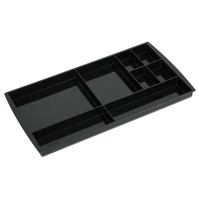 Black Esselte Nouveau Drawer Tidy with 8 compartments, ideal for organizing stationery and electronics in any workspace.