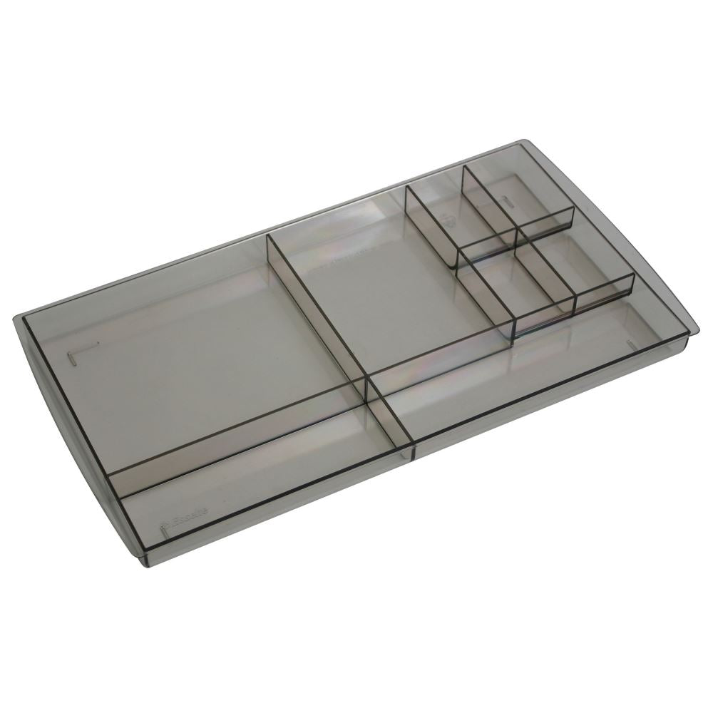 Esselte Moulded Nouveau Drawer Tidy in Smoke, featuring 8 compartments for organizing stationery, CDs, and USB drives.