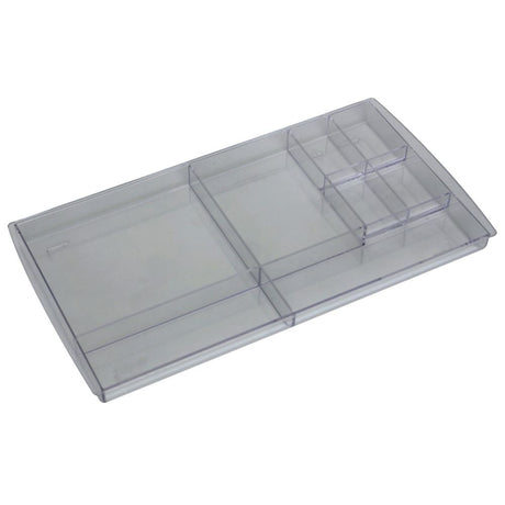 Transparent drawer organizer with 8 compartments for efficient storage of office and stationery items.