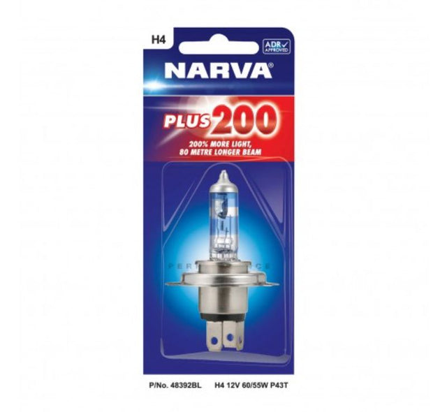 NARVA PLUS200 H4 halogen globe, 12V 60/55W, offers 200% more light, 80m beam range, and 20% whiter light for safer driving.