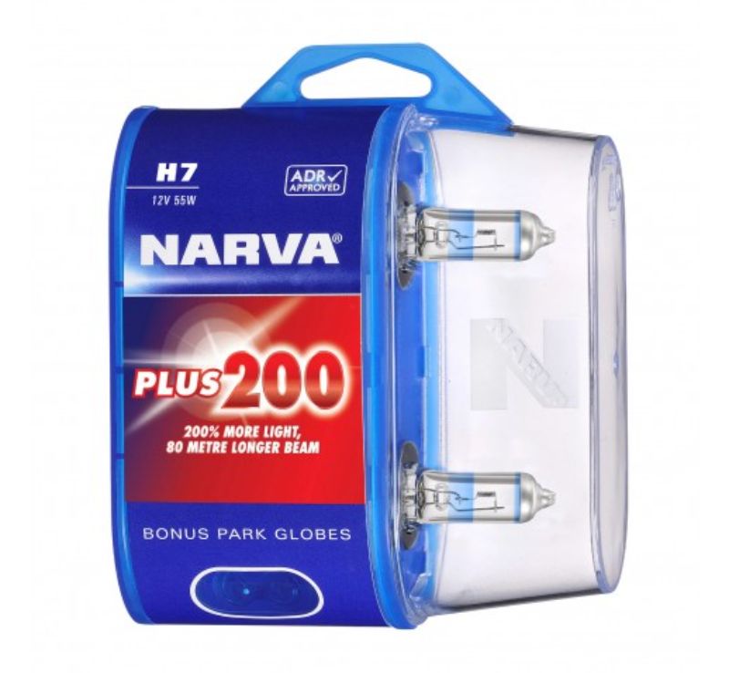 Narva PLUS200 H7 Twin Pack headlights, offering 200% more light, 80m beam reach, and 20% whiter light for safer driving.