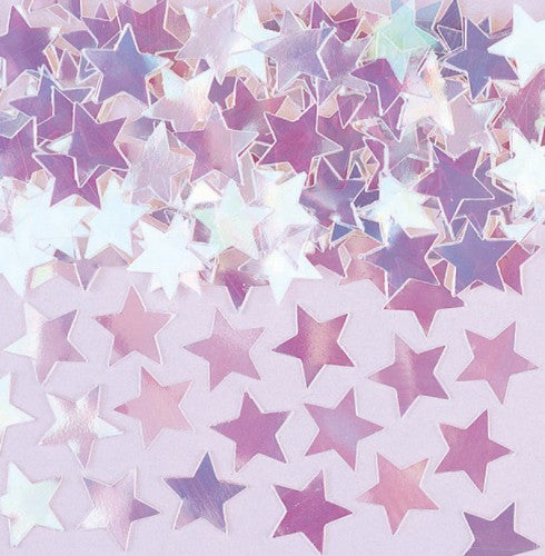 Iridescent mini stars confetti in a 1/4 oz pack, perfect for adding sparkle to celebrations and craft projects.