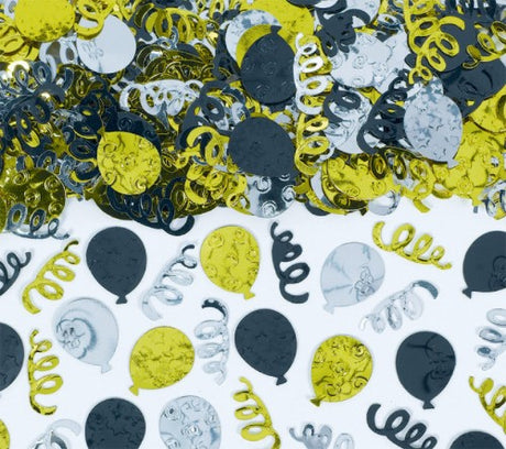 Elegant black, silver, and gold confetti balloons perfect for stylish celebrations and versatile party décor.