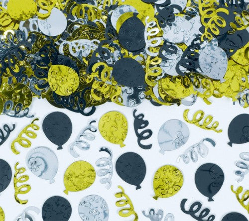 Elegant black, silver, and gold confetti balloons perfect for stylish celebrations and versatile party décor.