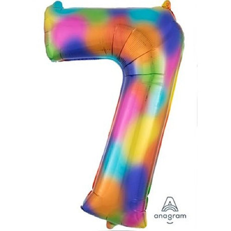 Colorful Rainbow Splash Numeral 7 Supershape Balloon, 86cm, perfect for vibrant celebrations and party decor.
