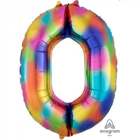 86cm self-sealing foil balloon shaped like the numeral 0 in vibrant rainbow splash design.