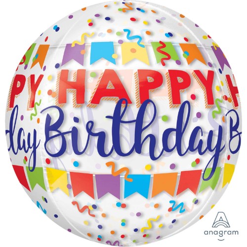 Orbz XL Clear Happy Birthday Balloon with colorful confetti design, perfect for festive celebrations, 38cm x 40cm.