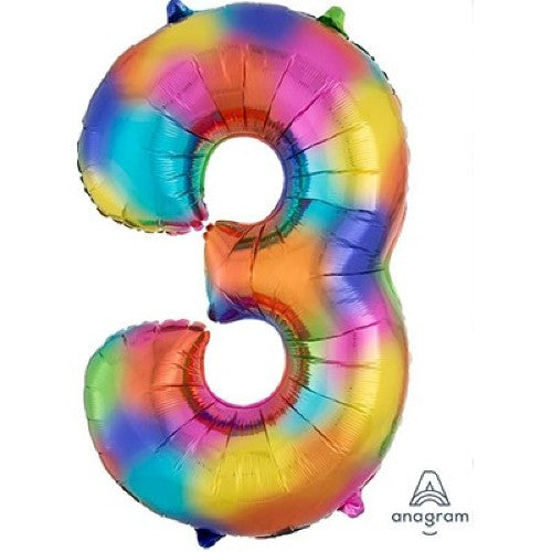 Vibrant 86cm foil balloon shaped like numeral 3, featuring a colorful rainbow design for celebrations and parties.