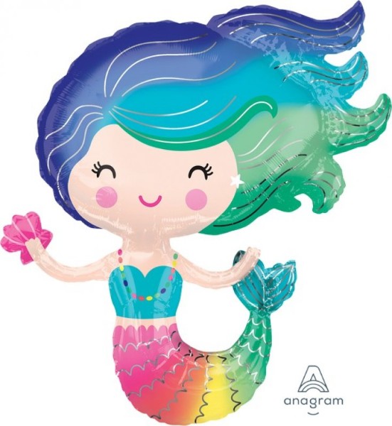 Xtra-large colorful mermaid foil balloon, self-sealing, measures 73cm x 76cm, perfect for festive celebrations.