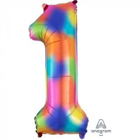 Vibrant 86cm numeral 1 foil balloon with rainbow splash design, perfect for parties and celebrations.
