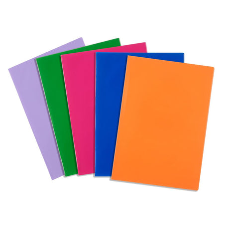 Colorful pack of 5 durable contact book sleeves in purple, green, pink, blue, and orange, measuring 9x7 inches.