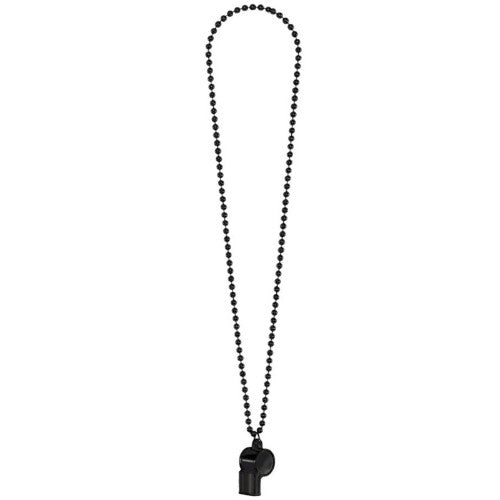 Black chain necklace featuring a vintage whistle charm, 36 inches long, perfect for stylish layering and unique individuality.