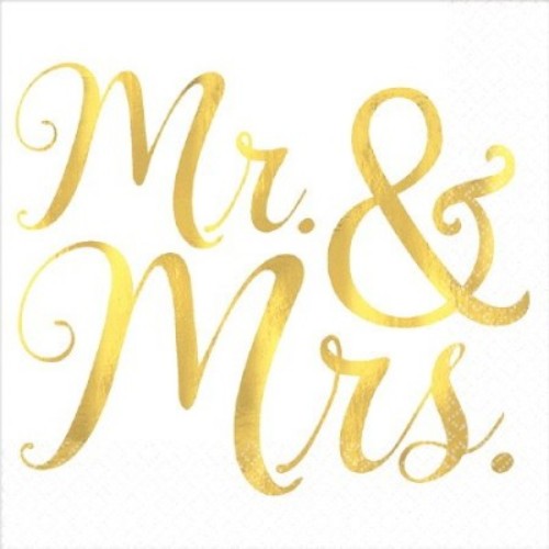 Elegant Mr & Mrs beverage napkins with foil hot-stamped design, perfect for weddings and special occasions. Pack of 16.