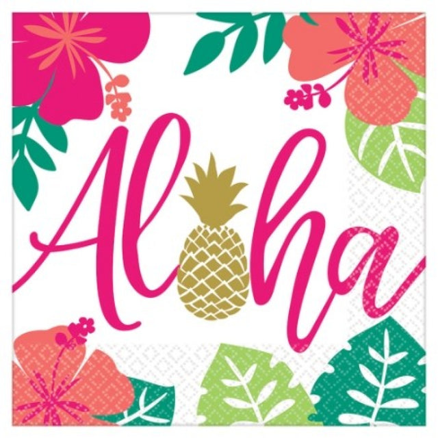 Vibrant 'You Had Me At Aloha' lunch napkins, 33cm, pack of 16, perfect for tropical-themed parties and easy clean-up.