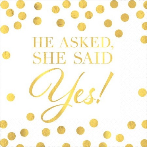 Elegant He Asked beverage napkins with foil hot-stamping, perfect for weddings and parties, pack of 16, 25cm x 25cm.