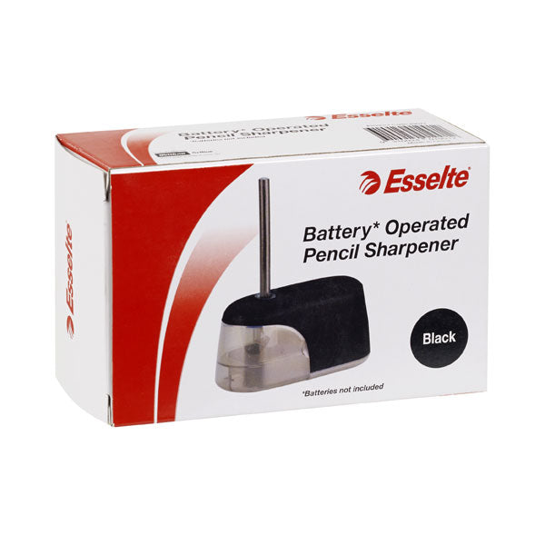 Esselte Battery Op Sharpener in sleek black, portable and battery-powered for quick pencil sharpening with safety features.