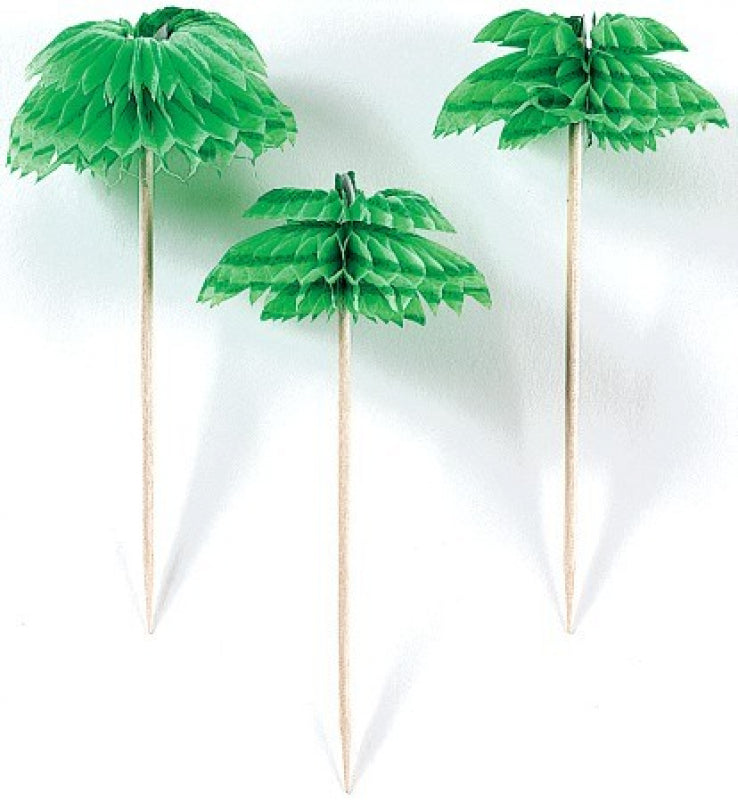 Tropical palm tree honeycomb wooden picks for cocktails and appetizers, pack of 12, each 4 inches long.