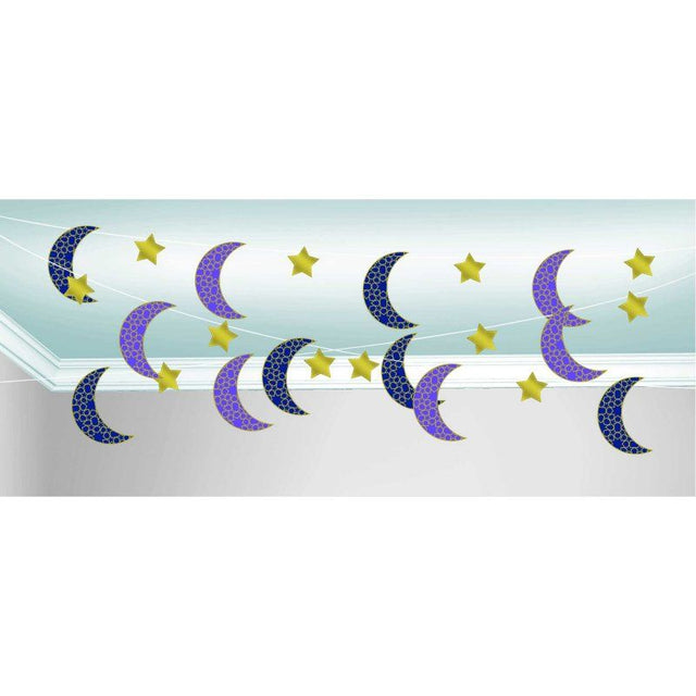 Enchanting moons and stars hanging string decorations, 7 feet long, perfect for celestial-themed celebrations.