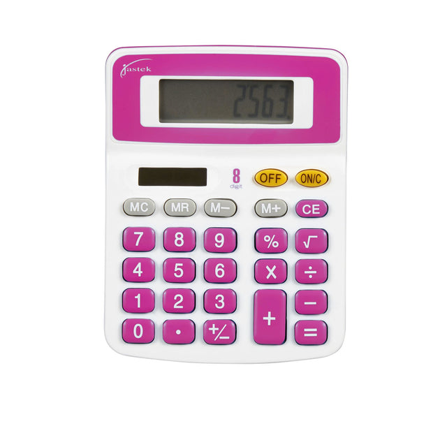 Jastek Desktop Calculator in assorted colours, featuring large keys, tilted display, and dual power for easy calculations.