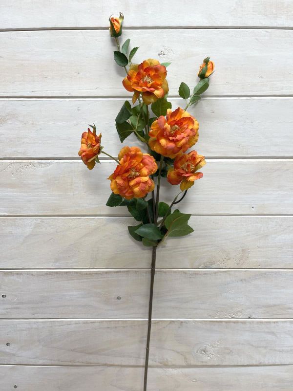 Artificial Flower Spray - Camilia w 5 Flowers & 2 Buds (Orange)