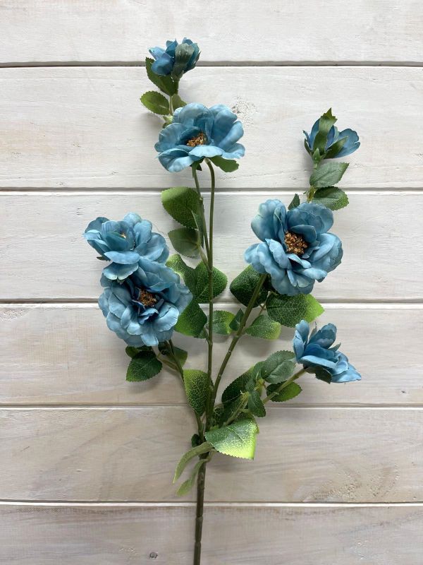 Artificial Flower Spray - Camilia w 5 Flowers & 2 Buds (Teal)