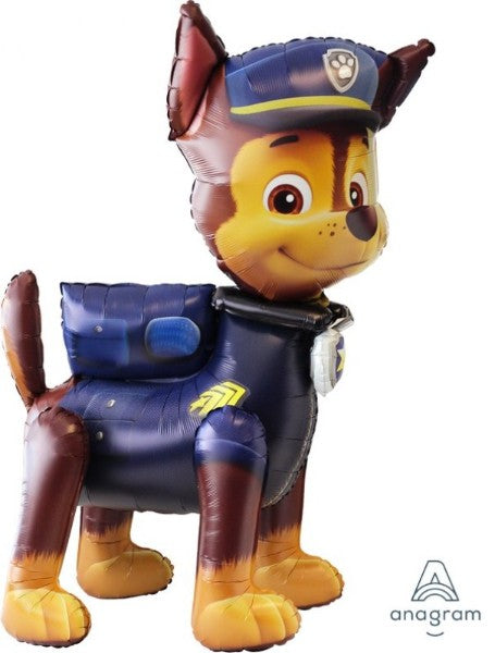 Self-sealing foil balloon featuring Paw Patrol character Chase, measuring 93cm x 137cm, perfect for themed celebrations.