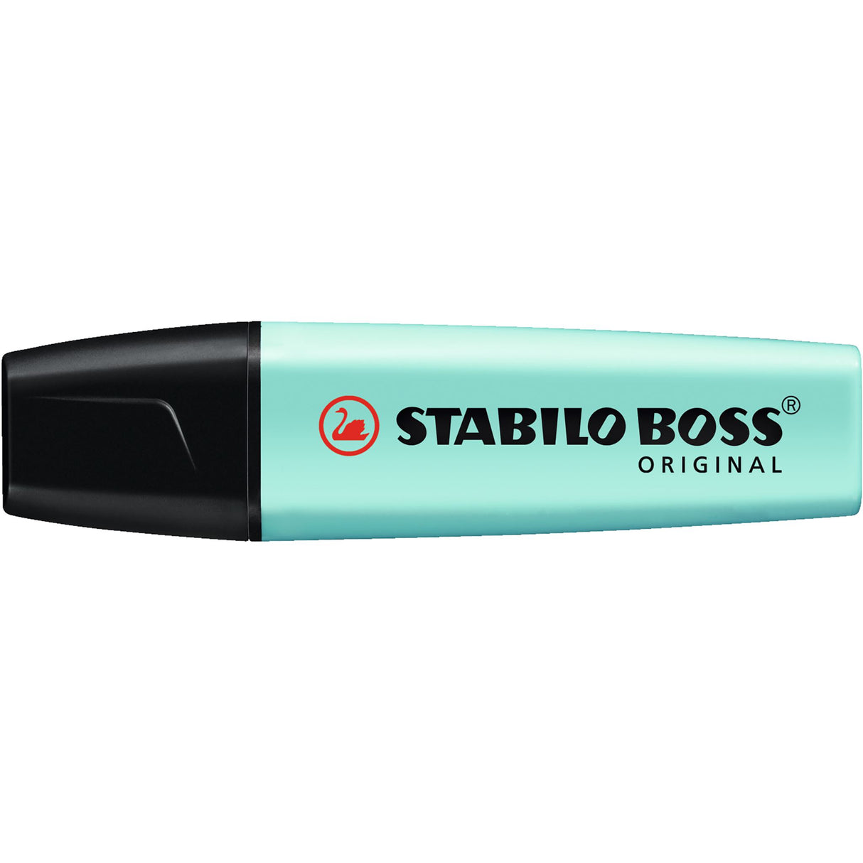 Pack of 10 Stabilo Boss highlighters in pastel turquoise with chisel tips for fine and bold lines.