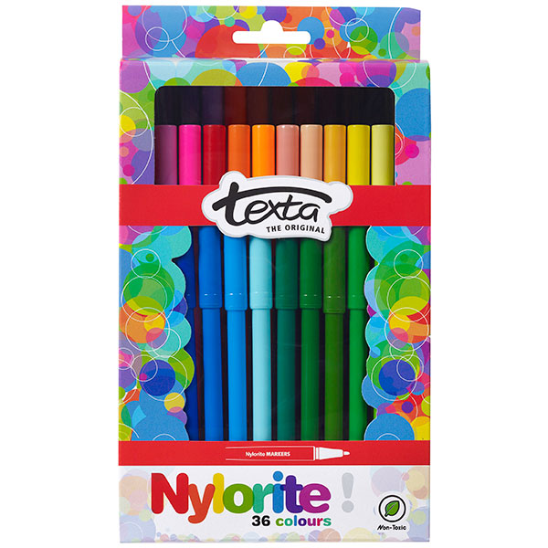 Pack of 36 Texta Nylorite color markers with smooth tips for precise, vibrant coloring, perfect for artists of all ages.